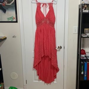 Coral high low maxi dress, Low cut back with crochet details